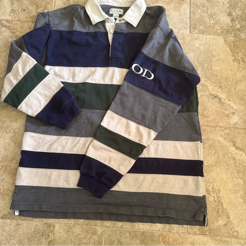 Vintage 1990’s Izod rugby shirt SZ large embroidered collar striped long sleeve
